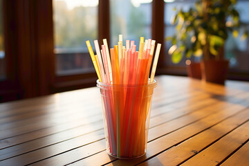 A used and discarded plastic straw on a cafe table - obrazy, fototapety, plakaty