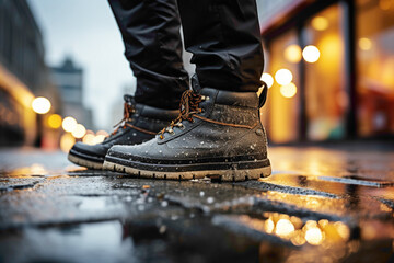 Close-up of a pair of rugged boots on a rain-slicked pavement, showcasing the resilience of the streetwear collection in urban environments. - obrazy, fototapety, plakaty