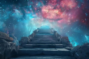 Celestial journey A surreal path among the stars leading to the cosmic gates Metaphor for exploration and discovery - obrazy, fototapety, plakaty