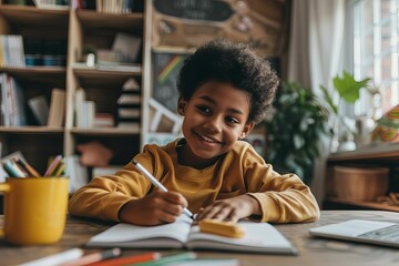 Cheerful african american schoolboy doing homework Symbolizing education Diligence And the joy of learning at home - obrazy, fototapety, plakaty