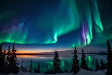 Foto auf Glas aurora borealis in the mountains © Ayan