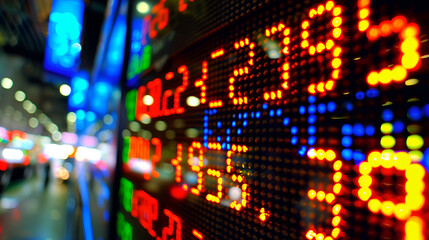 Display of Stock market quotes on the LED display. Selective focus. Finance trading concept
