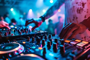 Dj mixing at a club with vibrant neon lights and energetic crowd