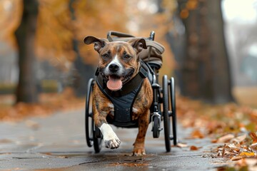 disabled dog in a wheelchair walks in the park and enjoys mobility, Adult dog with disability