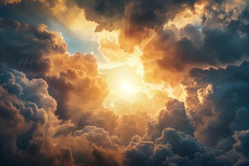 Dramatic ascent through clouds to a radiant heavenly light Embodying spiritual journey and divine revelation