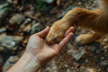 Dog paw in human hands with nature background, Shake a Paw, Take care of animals - obrazy, fototapety, plakaty