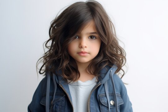 Portrait of a beautiful little girl with long hair in a denim jacket.