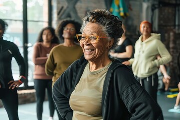 Energetic senior woman leading a fitness class with diverse participants - obrazy, fototapety, plakaty
