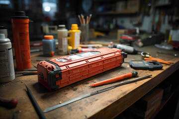 A commonplace disposable battery on a workbench - obrazy, fototapety, plakaty