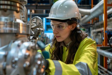 Focused female engineer in safety gear inspecting machinery in a high-tech manufacturing plant