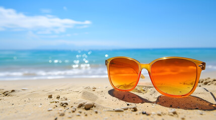 Fototapeta na wymiar Sunglasses on the beach with sea and blue sky background.