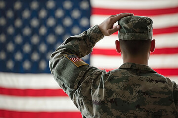 American Soldiers Saluting US Flag - obrazy, fototapety, plakaty