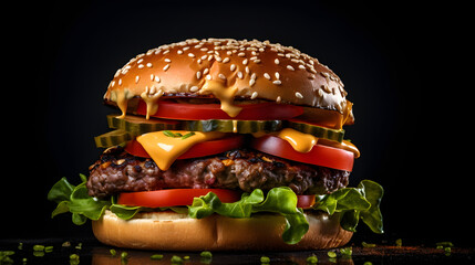 Delicious Juicy Hamburger with Crisp Vegetables and Seasoned Fries on a Dark Slate Background