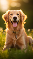 Candid Moment: A Playful Golden Retriever Basking in Warm Sunlight on a Lush Green Field