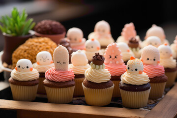 A cute and attractive disposable cupcake topper with tiny figurines on a dessert display - obrazy, fototapety, plakaty