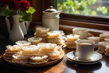 Everyday disposable coffee filters on a morning breakfast table - obrazy, fototapety, plakaty