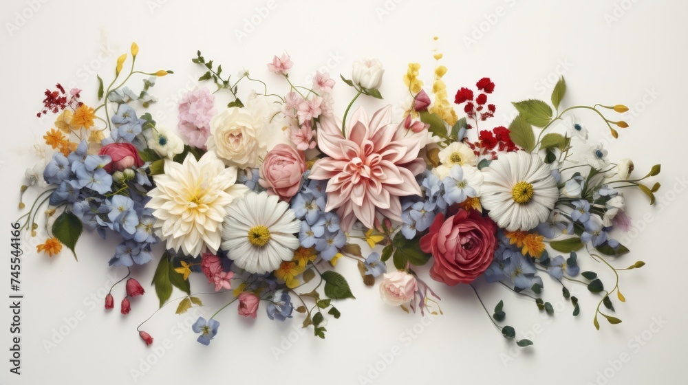 Aufkleber Generative AI An elegant display of seasonal blooms artistically composed on a white background, providing a blank canvas for customizable texts or branding elements