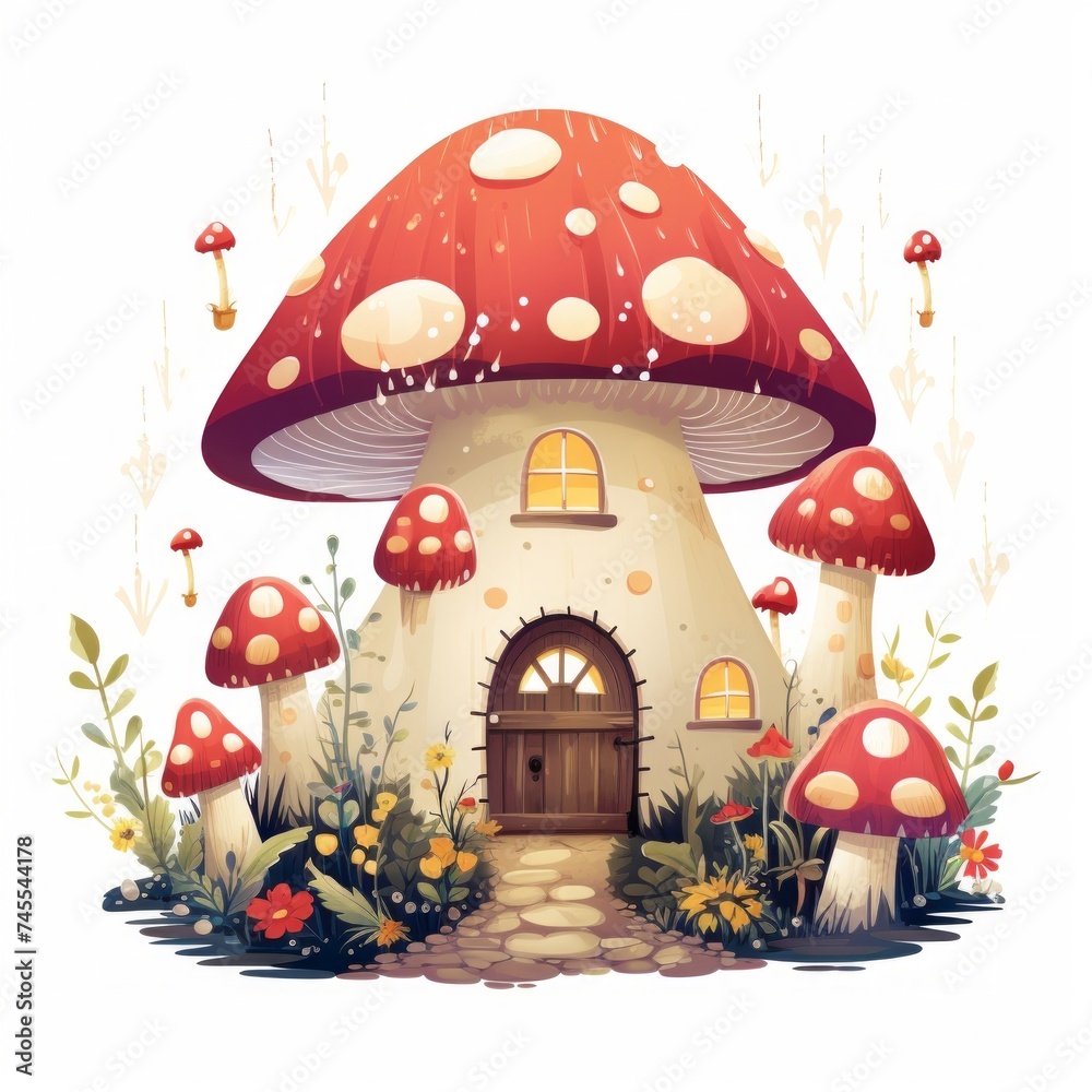 Poster generative ai an enchanting cottage adorned with fairy lights and surrounded by whimsical mushrooms.