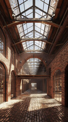 Fototapeta premium レンガと木でできた屋根のあるショッピングモール