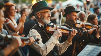 Traditional Folk Music Ensemble Performing at Outdoor Festival with Energetic Senior Violinist and...