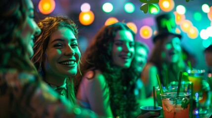 Diverse Group of Happy Friends Enjoying a Cocktail Party at a Club with Colorful Lights in the Background