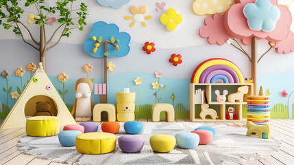 3d rendering of children's room with colorful toys and tree.