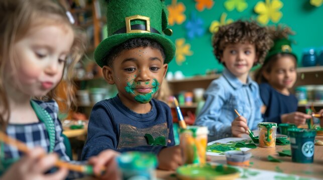 Diverse Group of Children Celebrating St. Patrick's Day with Arts and Crafts in Classroom Setting