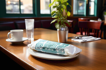 A single-use packet of hand wipes on a restaurant dining table - obrazy, fototapety, plakaty