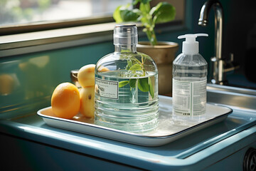 An everyday disposable dish soap dispenser on a kitchen sink - obrazy, fototapety, plakaty