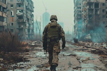 Lone soldier navigating through a desolate cityscape Capturing the resilience and solitude of military service in challenging environments - obrazy, fototapety, plakaty