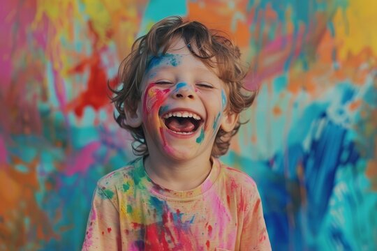 Joyous scene of a child laughing heartily Covered in colorful paint Symbolizing carefree happiness and creativity