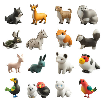 3D Set Assorted Animals on White Background