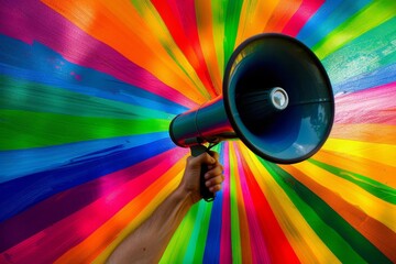 Megaphone held against a colorful background Symbolizing communication Announcements And attention-grabbing messages
