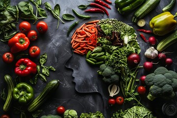 Mindful nutrition concept with brain shaped as a garden of vegetables
