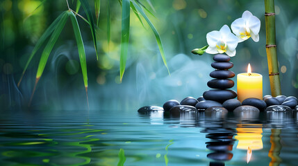 zen basalt stones and candle on water with bamboo leafs background