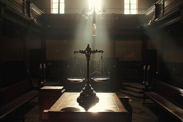 Mysterious scales of justice illuminated in a dimly lit courtroom Embodying the gravity of legal decisions