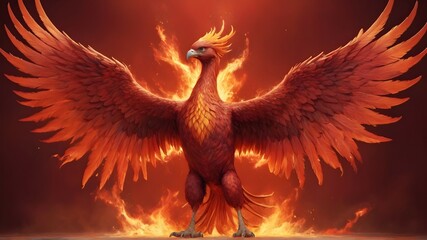 The solid, vibrant red background serves as a canvas for the ultra-realistic rendering of the angry phoenix, its full body captured in all its fierce glory.