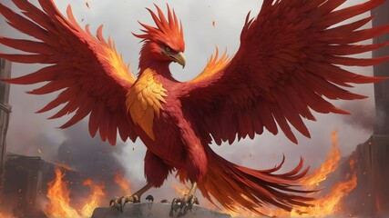As the angry phoenix spreads its wings, its full body is brought to life in stunning detail against a solid, vibrant red background, a symbol of its unbridled rage.