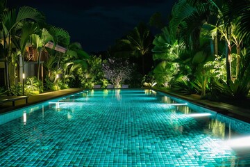 Night view of a luxury resort pool Illuminated by underwater lights and surrounded by tropical plants Offering a serene and exclusive atmosphere