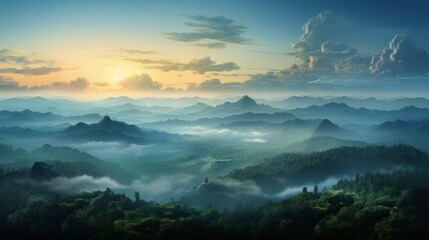 Generative AI Bird's-eye panorama revealing an expansive forest under the rising sun's warm glow,...