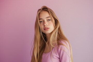 Portrait of a young woman with long blonde hair Emphasizing beauty and hair care Against a pastel background.