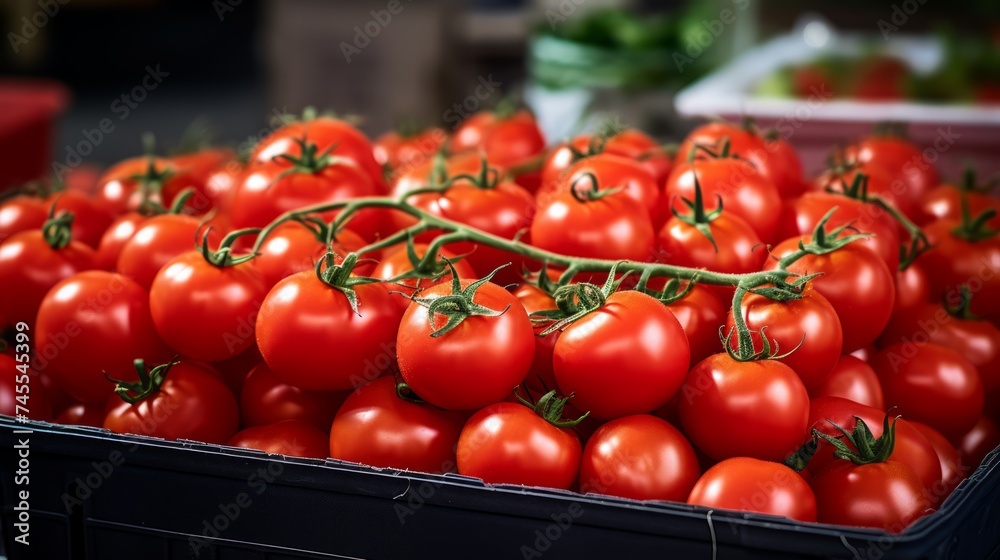 Poster box filled with vibrant red tomatoes, close-up realistic photo generative ai