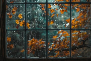 Rain-soaked window with a view of autumn leaves Capturing the melancholic beauty of the fall season and the introspective mood it inspires