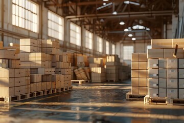 Realistic warehouse interior with stacks of cardboard boxes High-quality 3d render for product placement