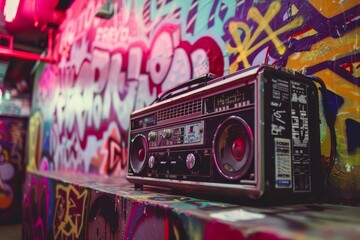 Retro boombox in a graffiti-covered room Channeling the vibrant street culture and music scene of...