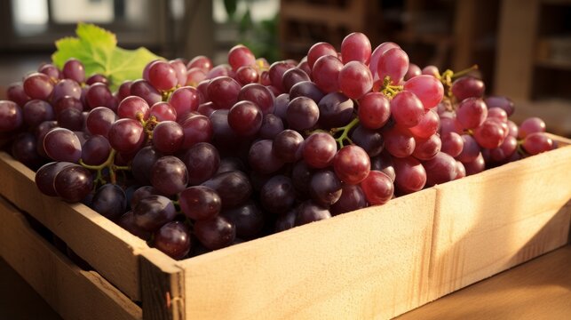 Box filled with ripe, succulent grapes, close-up realistic photo Generative AI