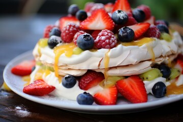Pavlova dessert cream. Food fruit. Generate Ai