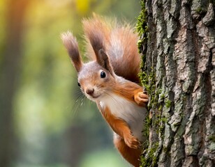 Picture a squirrel peeking out from behind a tree, its bushy tail twitching