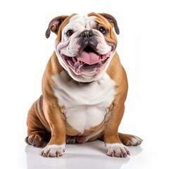 Fototapeta premium Cheerful Bulldog sitting on a white background, wrinkled face, happy expression Generative AI