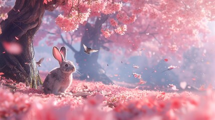 ウサギが春の桜の木の下で景色を楽しむ(情緒,花見) - obrazy, fototapety, plakaty